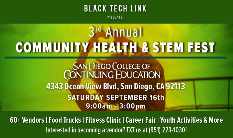blacktechlink's tweet image. 🌟 Join us at the Community Health and STEM Fest on Sept 16th at @SDCCEEDU! Explore STEM workshops and demos, connect with experts, and win prizes. Spread the word and make this #CommunityHealthSTEMFest a success! #SDCCE #EducationMatters #InspireTheNextGeneration