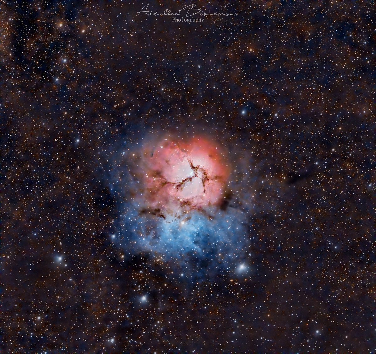 Trifid nebulae

Camera: ZWO ASI2600MC Pro 
Mount: Skywatcher EQ6R Pro 
Scope: Celestron RASA 8'
Filter: Chroma LoGlow
Subframes: 10s × 900= 2:30 hours

Bortle class: 9