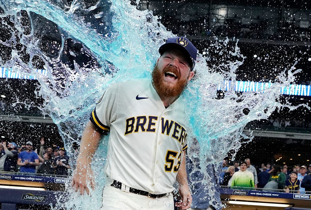 Brandon Woodruff gatorade shower post Milwaukee Brewers win