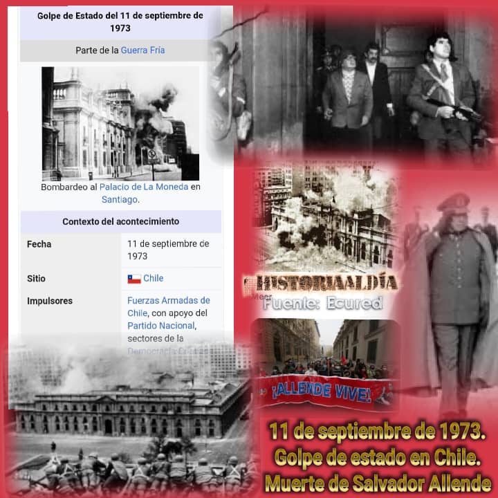 Aquel fatídico día en la Historia de Chile donde su líder Salvador Allende junto a su seguridad personal sufrió el más brutal golpe de estado del pasado siglo, perdiendo la vida. Detrás de ese hecho los 🇺🇸 usaba su sucias manos para orquestar el mismo.#HistoriaAlDía