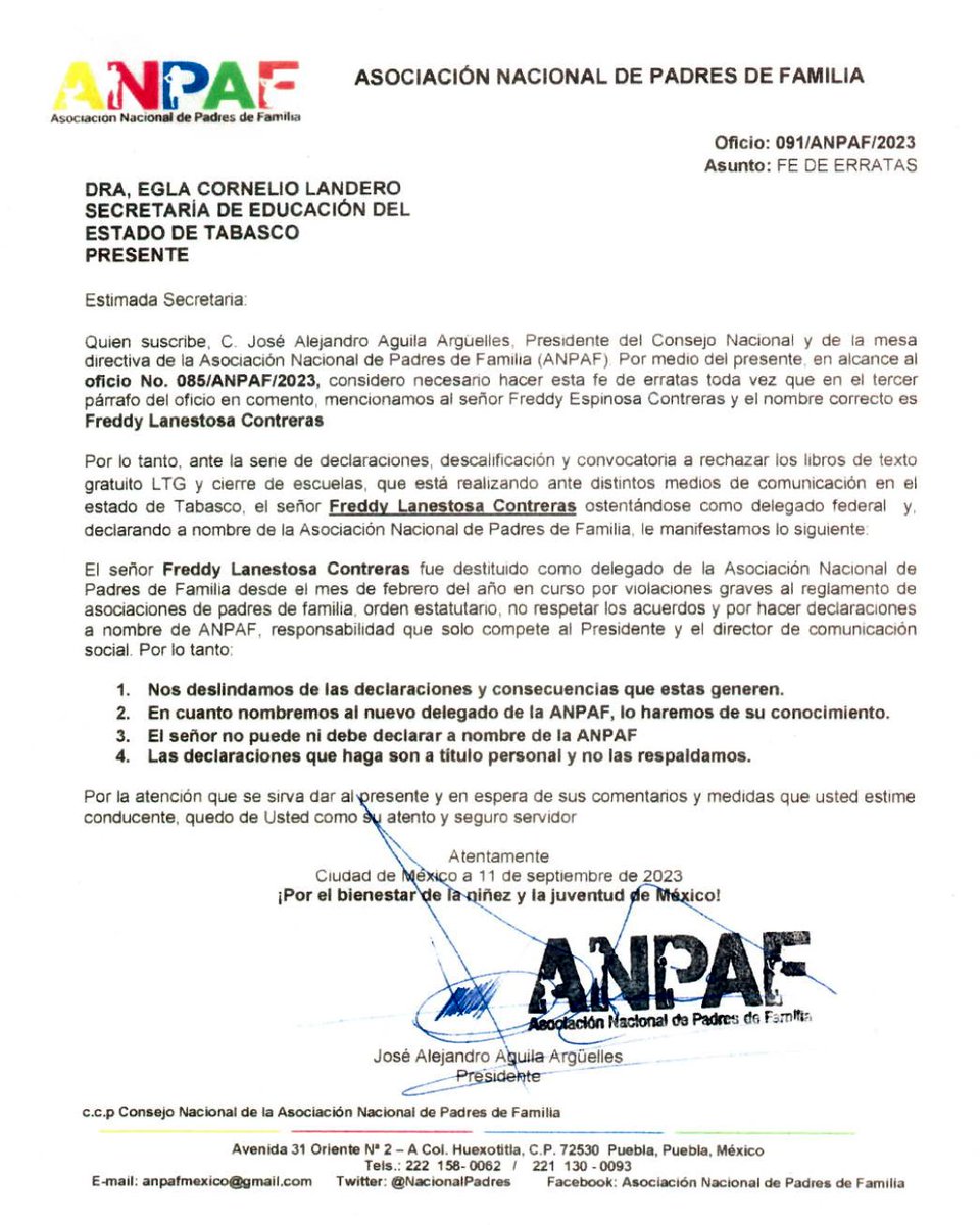 #FeDeErratas La Asociación Nacional de Padres de Familia (ANPAF) nos comparte información importante sobre el acuerdo tomado en su Asamblea General Ordinaria:

#EducaciónConValores📚