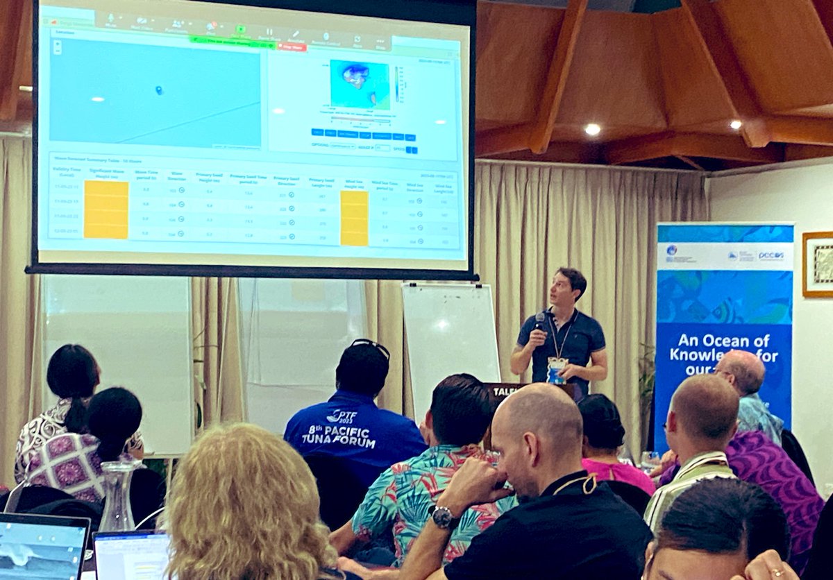 mollypowerstora's tweet photo. #HappeningNow
@niwa_nz ocean modeller Cyprien & forecaster @mivilleb team up to demo a tailored ocean monitoring portal developed for #Tonga
Part of a conversation facilitated by @NOAA John Marra in hope of harmonizing #Pacific data & products
#OceanofKnowledge https://t.co/PwStghydf6
