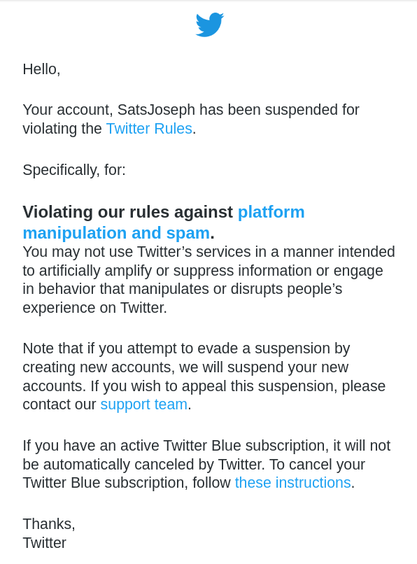 Can anyone from <a href="/Support/">Support</a> please help my friend @satsjoseph? I believe this is an accidental suspension and he hasn't been trying to manipulate the platform etc. 

He's only getting generic automated responses.