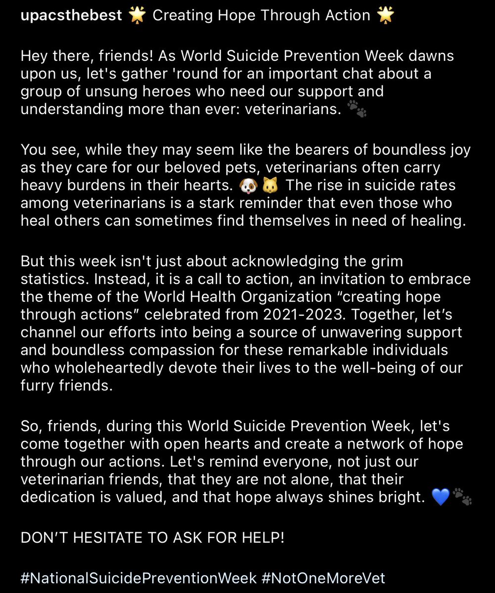 UPACStheBest's tweet photo. #NotOneMoreVet #CreatingHopeThroughAction
#NationalSuicidePreventionWeek https://t.co/7JKnkRXhYo