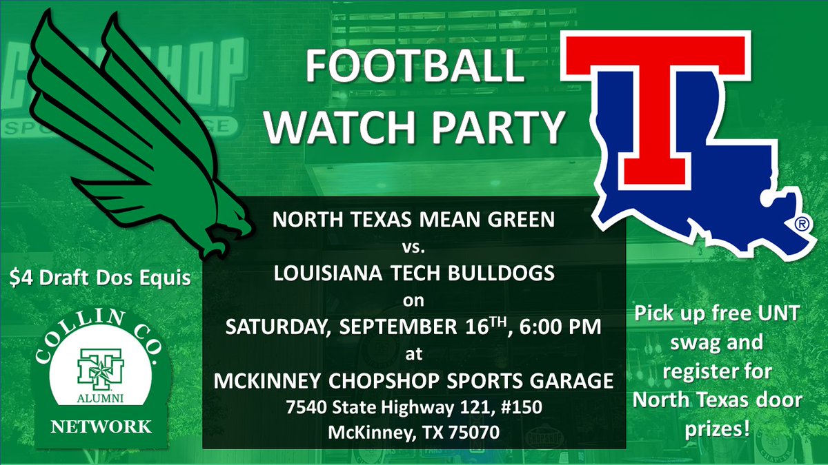 Come join fellow Mean Green fans as UNT takes on LA Tech in football. There will be NT swag as well as a drawing for UNT prizes at half time. Drink specials include $4 draft Dos Equis. It's the next best thing to being there!  #GoMeanGreen #UNTAlumni