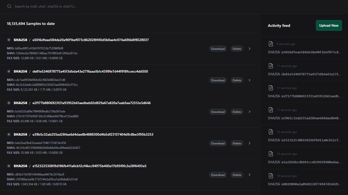 vxunderground's tweet photo. Our malware database is now live!

- 18,000,000+ samples
- 16,000,000+ samples in queue for upload
- It's free, forever.

Special thanks to @Malcoreio for assisting us in the development process (and additional funding).

Check it out here: https://t.co/xqI4ySJJgQ https://t.co/FiWzzHFP2g