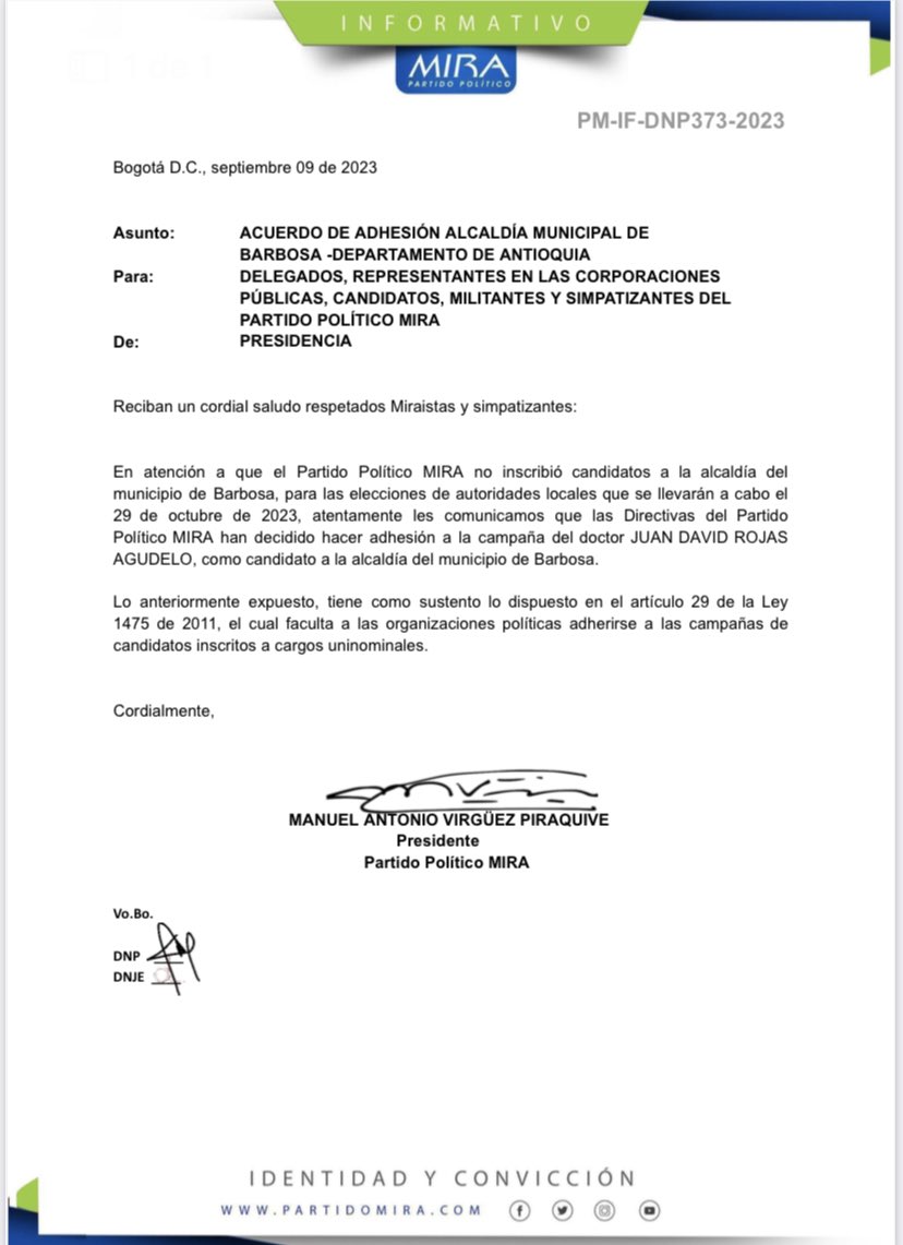 Con orgullo, humildad y alegría; recibimos el apoyo del Partido MIRA mediante la adhesión a la campaña #BarbosaNosUne  para la alcaldía de Barbosa. Que honor me da contar con su confianza y respaldo. Vamos UNIDOS a sacar adelante a #Barbosa con su apoyo y con la bendición de Dios