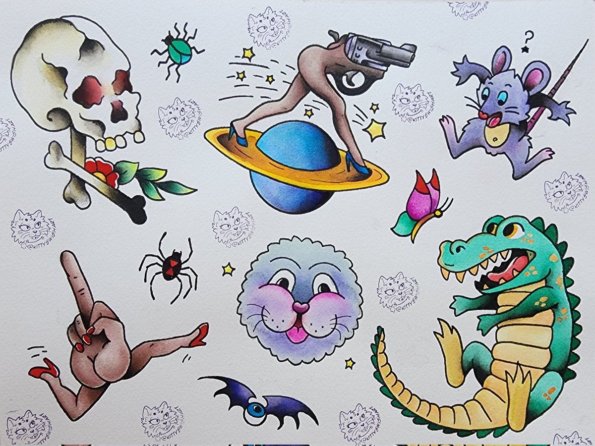 SwishTattoo's tweet photo. Stony St. Claire  inspired flash sheet!  #kittyswishart #tattooflash #htxtattoo https://t.co/V5EpcFNKh2