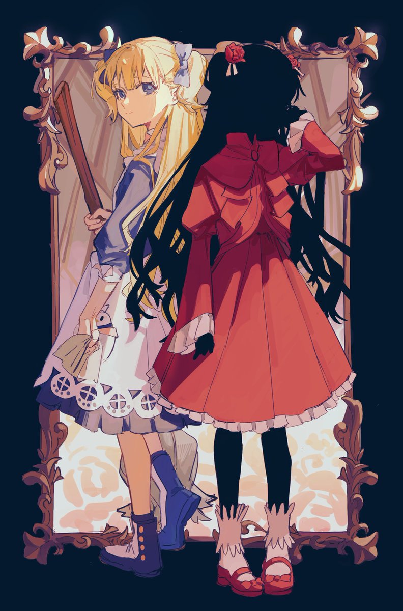 multiple girls blonde hair 2girls dress flower bow red dress  illustration images
