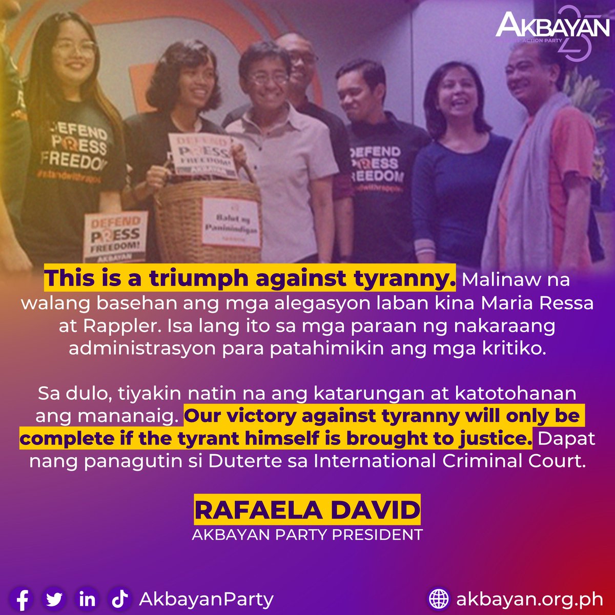'This is a triumph against tyranny.' — AKBAYAN PARTY on @mariaressa and @rapplerdotcom's acquittal of the fifth and final tax evasion charge filed by the administration of former President Rodrigo Duterte READ MORE: facebook.com/AkbayanParty/p…