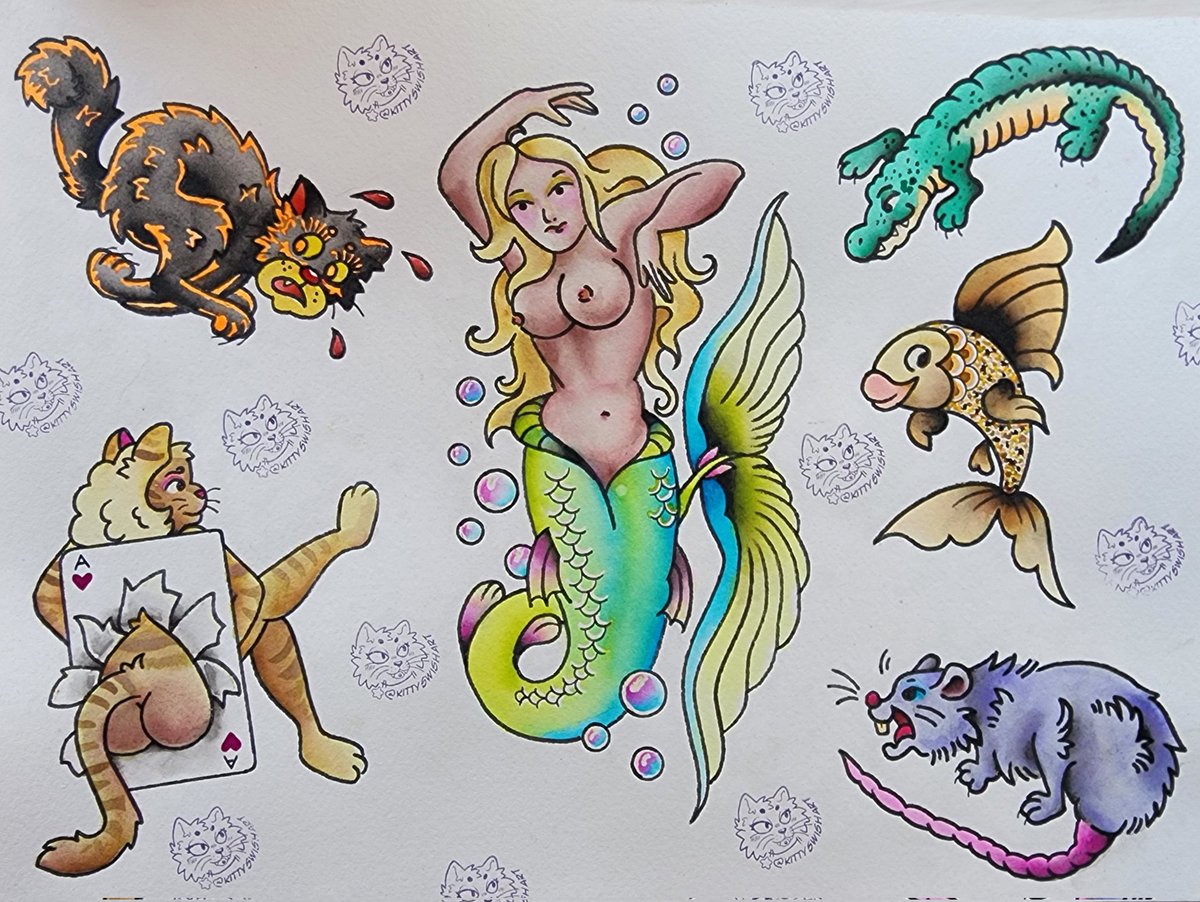SwishTattoo's tweet photo. Critter flash sheet!  All hand painted  spit shaded with watercolor inks 

#kittyswishart #htxtattooflash https://t.co/LJqKlPA62B