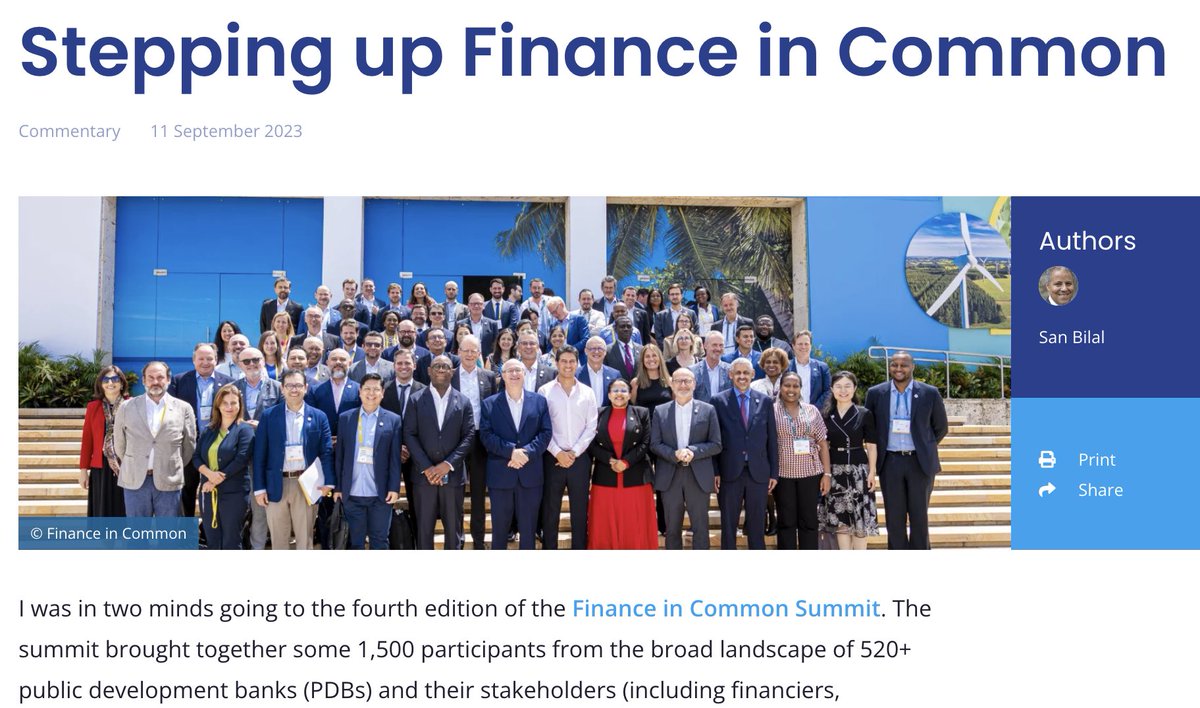 In the latest Blog, @SanBilal1 recalls his experience at the @FinanceInCommon Summit in Cartagena.

Reflecting on critical issues in Development aid, climate finance, #MDB's reform, climate change and gender. 

A must read 🔹 bit.ly/44Qq2Km