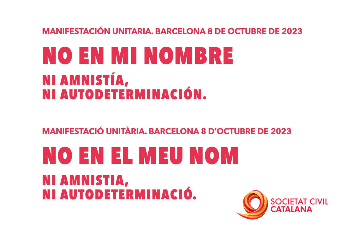 📢 En defensa del Estado de derecho, convocamos a los ciudadanos a una manifestación unitaria el próximo 8 de octubre en el centro de Barcelona.

NO EN MI NOMBRE: NI AMNISTÍA, NI AUTODETERMINACIÓN