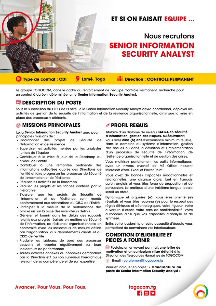 Et si on faisait équipe !? Nous recrutons un.e Senior Information Sécurité Analyst. #Togocom #TalentAcquisition