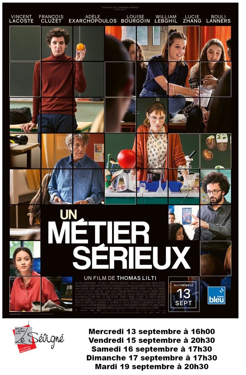 Mercredi 13 septembre à 16h00, vendredi 15 à 20h30, samedi 16 à 17h30, dimanche 17 à 17h30 et mardi 19 à 20h30 au Cinéma Le Sévigné : 
UN MÉTIER SÉRIEUX
De #thomaslilti
Avec #vincentlacoste #FrancoisCluzet #Adeleexarchopoulos 
#lesevigne #Cinema #film #unmétiersérieux