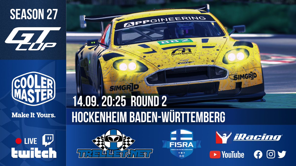 Trellet Season 27 GT Cup suuntaa Hockenheimin radalle. Onko Saksa millainen maa? Se selviää torstaina.

Katso Hockenheimin kilpailu to 14.9. klo 20.25 alkaen osoitteessa twitch.tv/simracingfi

Palkinnot tarjoaa <a href="/CoolerMasterND/">Cooler Master Nordics</a>
Menossa mukana <a href="/simracingfi/">FiSRA</a>
#simracingfi
#esportsfi