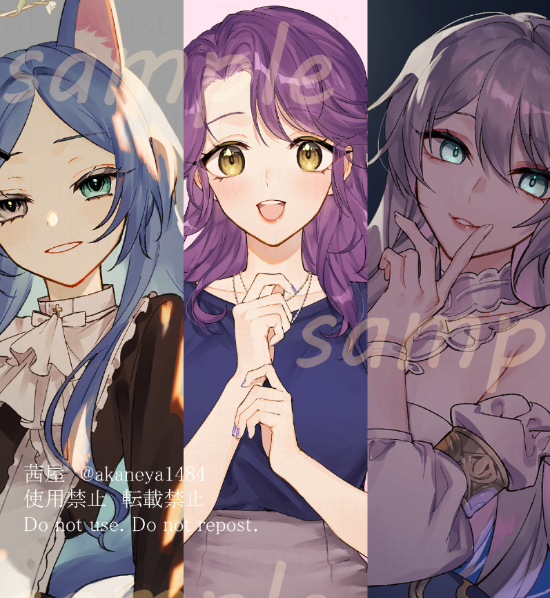 multiple girls 3girls heterochromia sample watermark purple hair animal ears long hair  illustration images