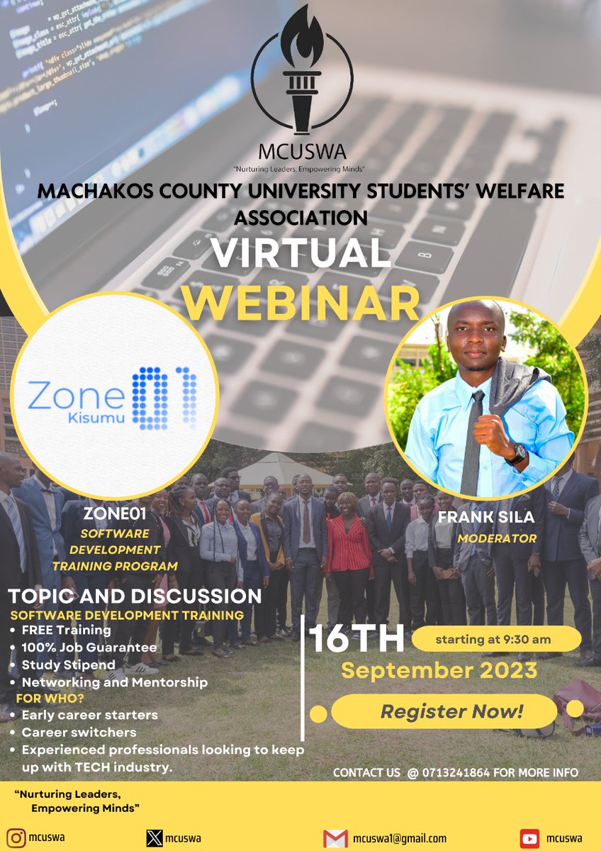 Mcuswa is pleased to invite you for webinar where we will share more information about access to a free software development programme and a job guarantee.  Don't miss out on this comrades.. contact us to register.  
#mcuswa #MbelePamoja #comrades #Students