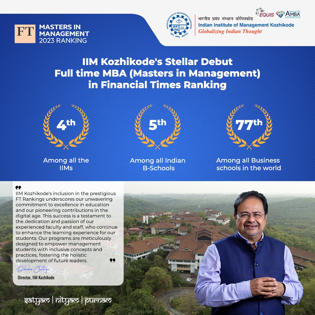 IIMKozhikode's tweet photo. IIM Kozhikode’s Flagship MBA Makes Debut at World Rank #77 in Financial Times Masters in Management Ranking 2023! #IIMK is Rank #10 in  Asia and Rank #4 among all IIMs, for full-time MBA programme. 
Congratulations to the IIMK community!
#IIMKat27 #ThoughtLeaders #IIM #Ranking https://t.co/uXPN63Kmj7
