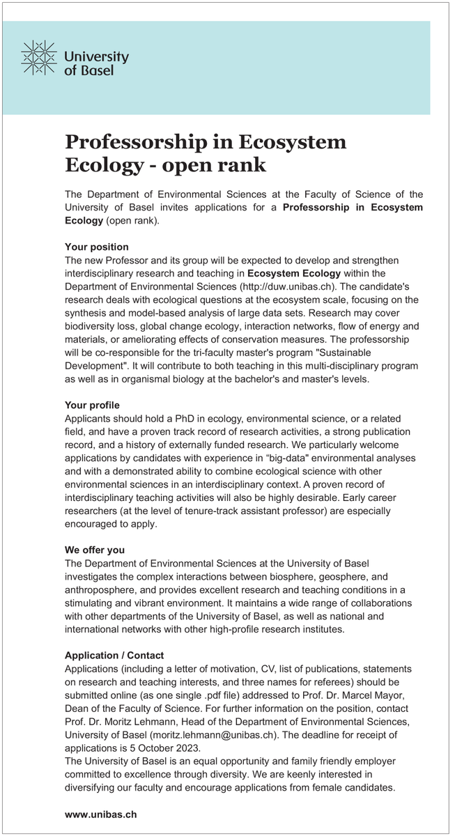 Walter Salzburger Lab (@wsalzburger) on Twitter photo Please RT: Open Rank (Assistant/Associate/Full) Professorship in Ecosystem Ecology available in our department at <a href="/UniBasel_en/">University of Basel</a> Please RT: Open Rank (Assistant/Associate/Full) Professorship in Ecosystem Ecology available in our department at <a href="/UniBasel_en/">University of Basel</a>