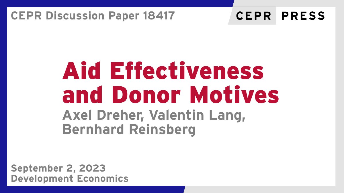 New CEPR Discussion Paper - DP18417 Aid Effectiveness and Donor Motives Axel Dreher @DreherAxel @UniHeidelberg @KOFETH_en Valentin Lang @valentin_lang #UniMannheim, Bernhard Reinsberg @b_reinsberg @UofGlasgow ow.ly/G0xx50PK19z #CEPR_DE