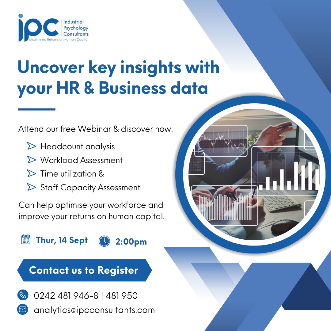 Unlock HR Insights Webinar! 🔑 Dive into data-driven decision-making with us. Discover headcount analysis, workload assessment, time utilization & staff capacity insights. Join for FREE! 🚀 Contact us at analytics@ipcconsultants.com. Don't miss out! 📈 #HRAnalytics #BusinessData