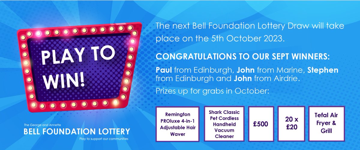 The next Bell Foundation Lottery draw will take place on the 5th of October; if you haven't already, you have until the 14th of September to sign up and be in with a chance to win these brilliant prizes. Join the here: bellgroup.charitypayments.co.uk/play #playtosupportourcommunities