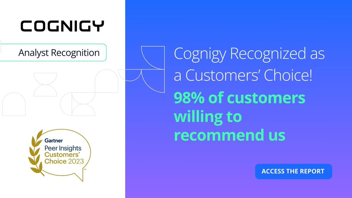 cognigy's tweet photo. 📣 Big news! Cognigy has been recognized as a Customers' Choice in the 2023 Gartner®️ Peer Insights™ "Voice of the Customer" for Enterprise Conversational AI Platforms report, with 98% willing to recommend us! 🎉

Download the report now: https://t.co/nitPoYrgNJ https://t.co/B9UezhVSM1