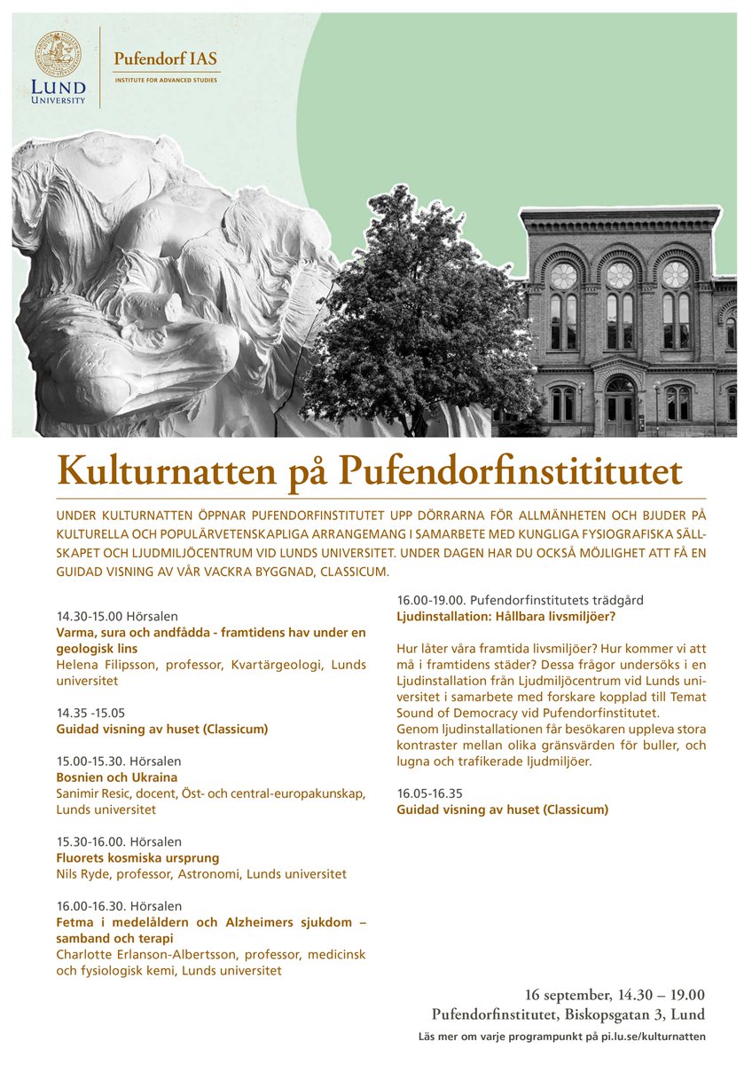 På lördag är det dags för Kulturnatten i Lund. 
Kom &amp; lyssna på populärvetenskapliga föreläsningar, få en guidad visning av vår vackra byggnad eller ta del av ljudinstallationen Hållbara livsmiljöer i vår trädgård.
Se hela programmet pi.lu.se/kulturnatten
<a href="/Lundsuni/">Lunds universitet</a> <a href="/lundskommun/">Lunds kommun</a>