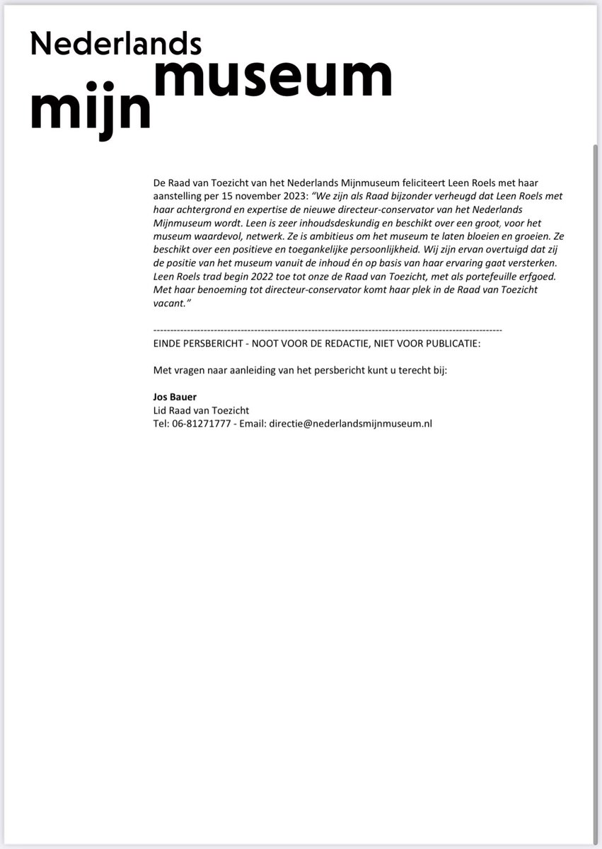Leen Roels wordt met ingang van 15 november ‘23 de nieuwe directeur-conservator van het Nederlands Mijnmuseum in Heerlen. Leen Roels wordt eindverantwoordelijk voor zowel het museale concept, als het zakelijk- financiële beleid van het museum. #erfgoed #mijnverleden #jouwverleden