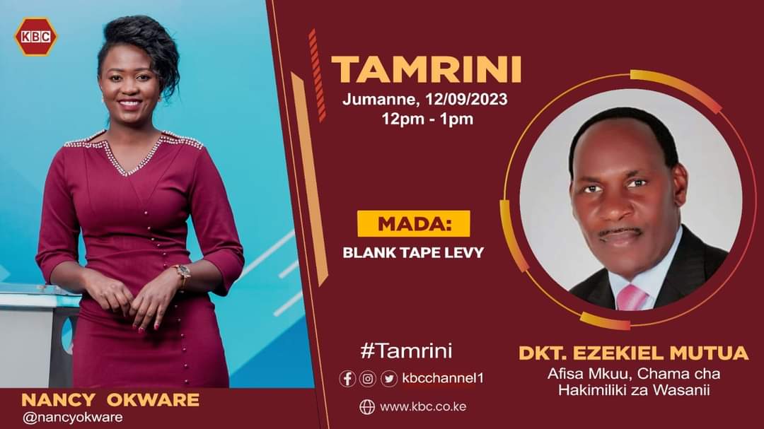 Join our CEO @EzekielMutua from 12 p.m. - 1 p.m. on @KBCChannel1, #Tamrini show hosted by @nancyokware to discuss the Blank Tape Levy rollout and the state of the music industry in Kenya. #MCSKat40