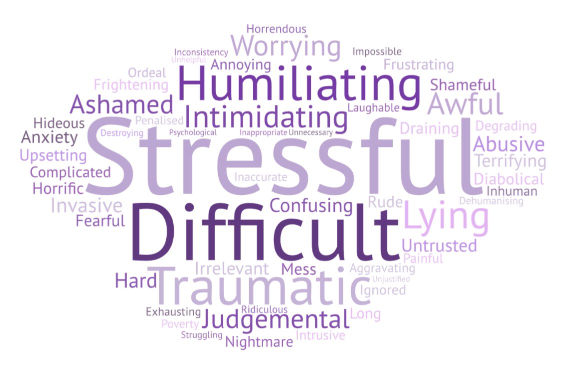 Over the summer we surveyed those with experience of claiming PIP. The results were shocking but not surprising. This wordcloud shows the most common words used to describe the process. Serious change is needed. #PIP #DWP