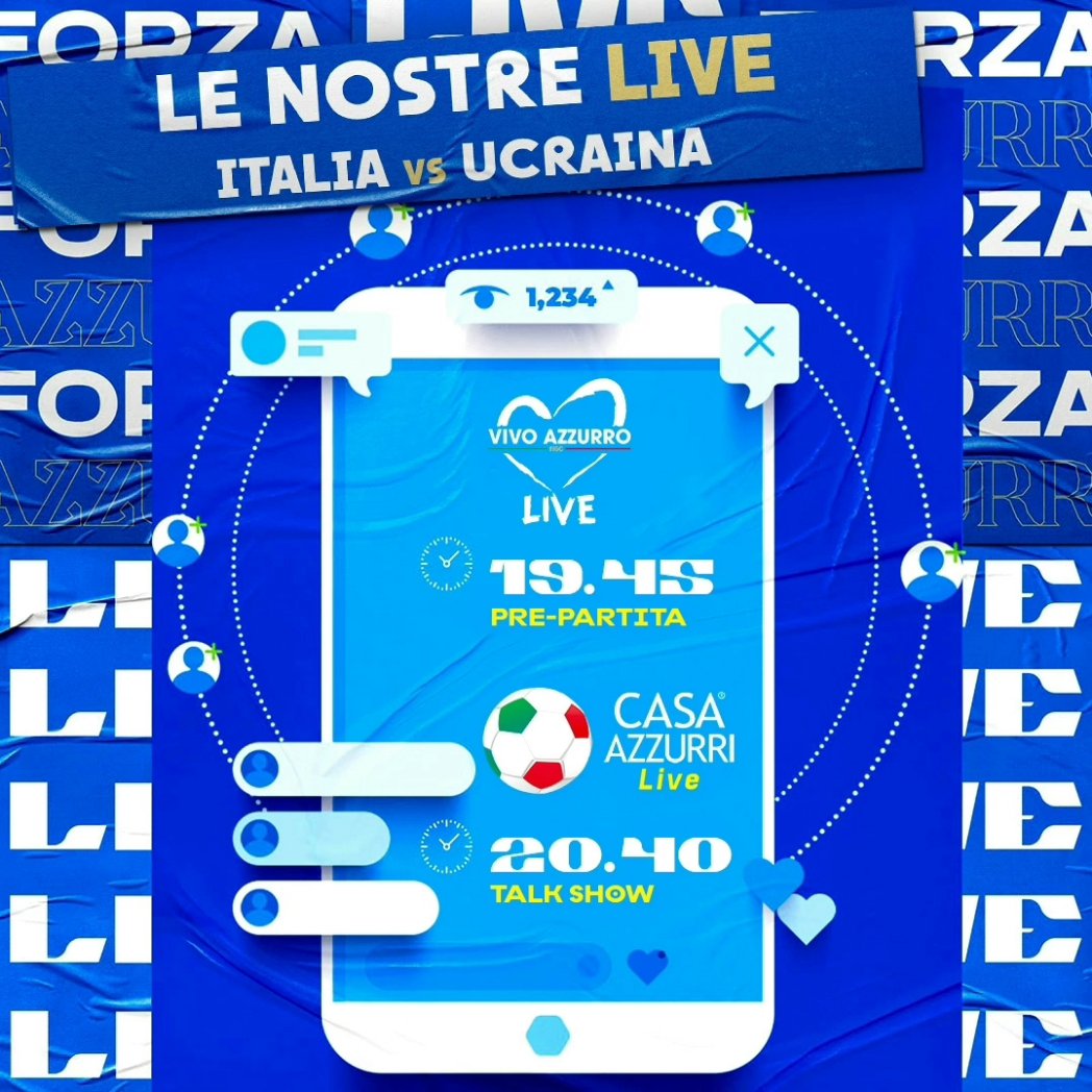 🔴 Segui le nostre live su #ItaliaUcraina con Pardo, Gli Autogol e i loro ospiti in streaming sui social della #Nazionale 🇮🇹 🎥 𝗩𝗶𝘃𝗼 𝗔𝘇𝘇𝘂𝗿𝗿𝗼 🅻🅸🆅🅴 - ⏰ 19.45 🏟 𝘐𝘭 𝘱𝘳𝘦-𝘱𝘢𝘳𝘵𝘪𝘵𝘢 🎥 𝗖𝗮𝘀𝗮 𝗔𝘇𝘇𝘂𝗿𝗿𝗶 🅻🅸🆅🅴 - ⏰ 20.40 🎙 𝘐𝘭 𝘵𝘢𝘭𝘬 𝘴𝘩𝘰𝘸