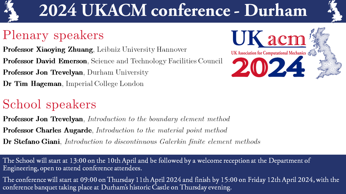 📢The 2024 UKACM conference will take place in Durham, 10-12 April 2024 <a href="/DU_Comp_Mech/">DU_Comp_Mech</a> 

Confirmed plenary speakers and school on compuational methods for solid mechanics. 

More details available soon! Keep an eye on ukacm.org

We hope to see you there!