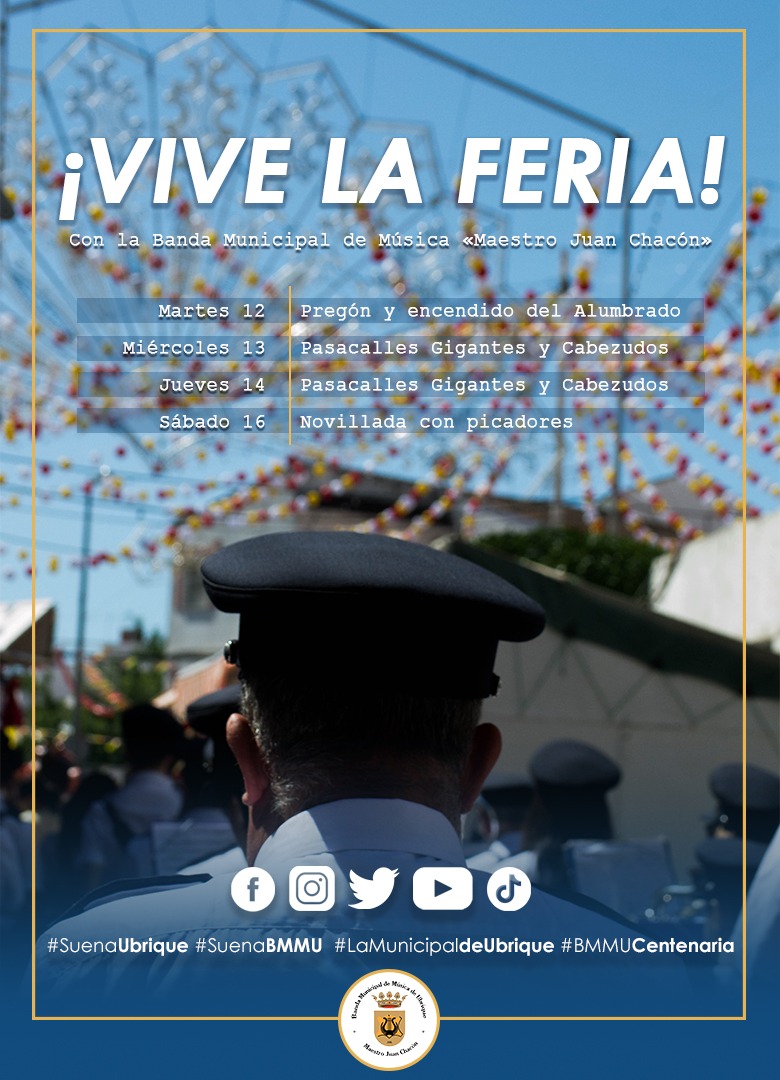 🎡 ¡ESTAMOS EN FIESTAS! 🎡

Ven y vive la Feria de Ubrique con la Banda Municipal de Música «Maestro Juan Chacón». 

#SuenaUbrique #SuenaBMMU #laMunicipaldeUbrique #BMMUCentenaria