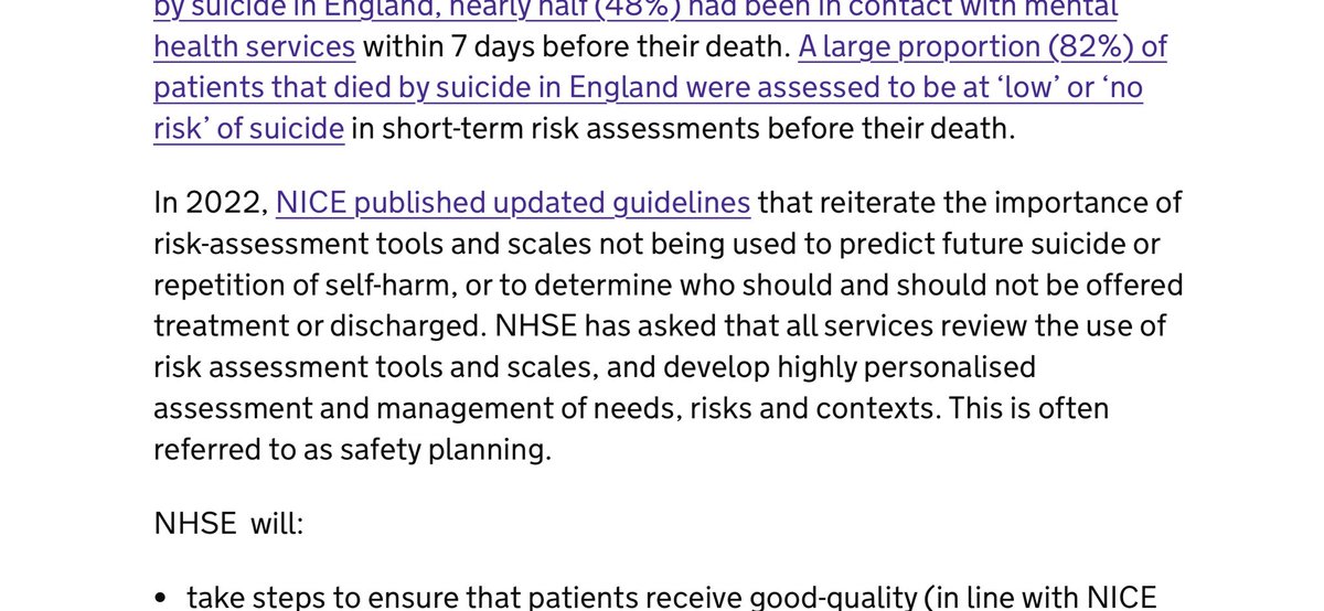 New national #SuicidePrevention strategy underlines need for improved clinical risk assessment, highlighting: •NICE guidance not to use risk assessment tools. •NHSE plan to replace checklists with personalised model of assessment.