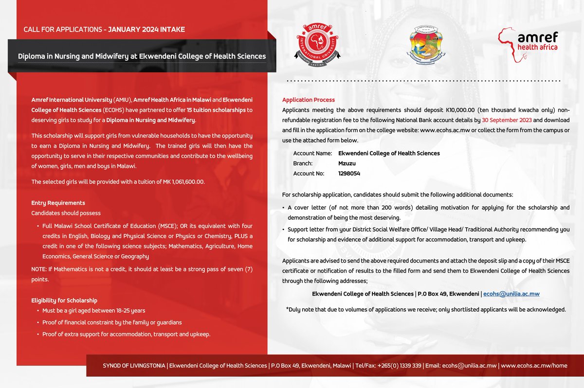 Amref_Worldwide's tweet photo. Call for Scholarship Application!

@AmrefUniversity has partnered with @amref_malawi and Ekwendeni College of Health Sciences to offer 15 tuition scholarships to deserving girls to study Diploma in Nursing or Midwifery. 

Check out the academic programmes offered at #AMIU >>> https://t.co/wFm4iDGQqD

Find more details on the poster.

#InspiringLastingChange #PHCongressKE #AMIUPHCongress