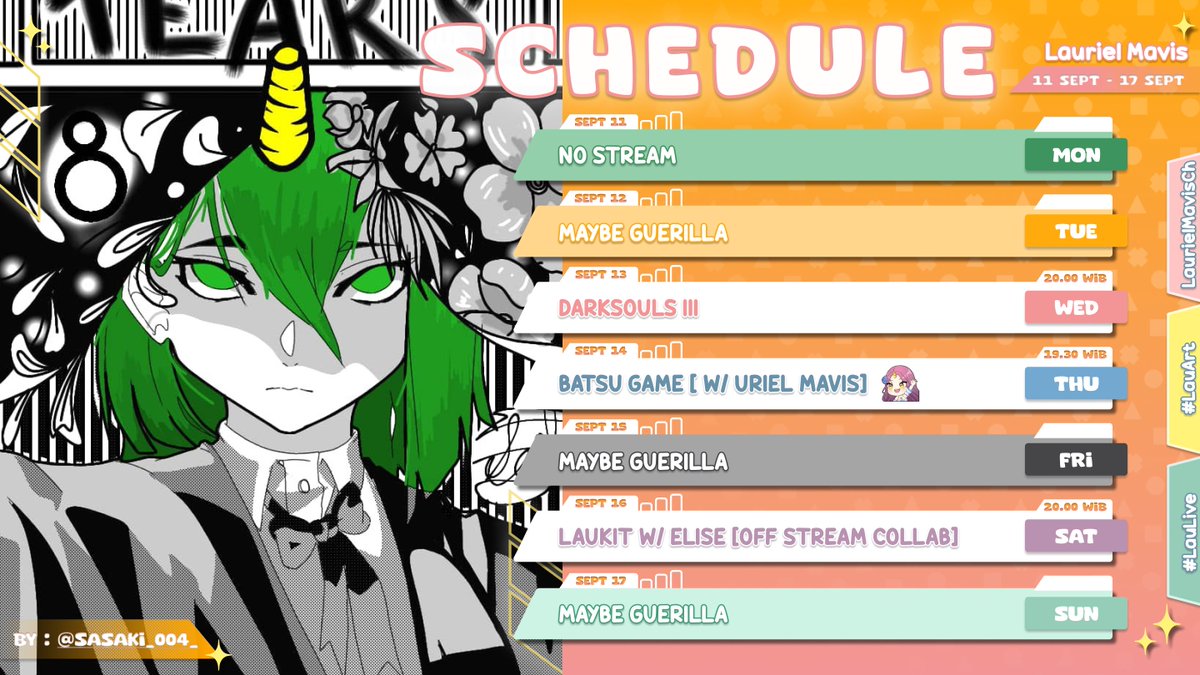 LaurielMavis's tweet photo. 🍦✨ Weekly Schedule ✨🍦

 11 September - 17 September

💚 General : #LaurielMavis
💚 Live : #LauLive
💚 Fan Art : #ForLau
💚 Meme : #LauWak
💚 Clips : #LauClips
💚 NSFW : #SecretLau
💚 Fan Name : #LauVers

#VtuberID #JadwalLau https://t.co/2HPGgfGKIy