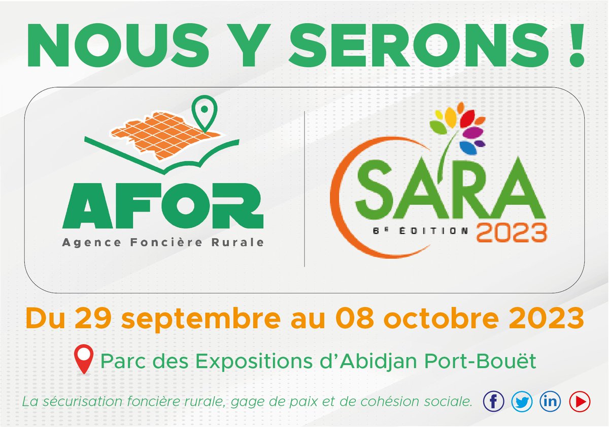 AgenceAFOR's tweet photo. Si vous nous cherchez du 29 septembre au 8 octobre 2023, nous serons à la 6ème édition du #SARA2023 qui se tiendra au parc des Expositions d'Abidjan Port-Bouët. Venez on va causer!
#afor_civ
#pamofor
#presfor #Sara2023 https://t.co/XjeGJRnO76