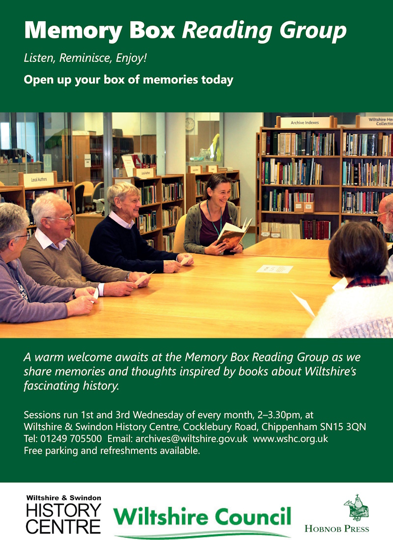 Heritage@WSHC (@heritagewshc) on Twitter photo The first Memory Box Reading Group is on Weds 4 Oct (& every 1st and 3rd Weds) We listen to an extract of a local history book, look at original documents related to the topic, & share memories & thoughts before refreshments! All welcome! archives@wiltshire.gov.uk for more info The first Memory Box Reading Group is on Weds 4 Oct (& every 1st and 3rd Weds) We listen to an extract of a local history book, look at original documents related to the topic, & share memories & thoughts before refreshments! All welcome! archives@wiltshire.gov.uk for more info