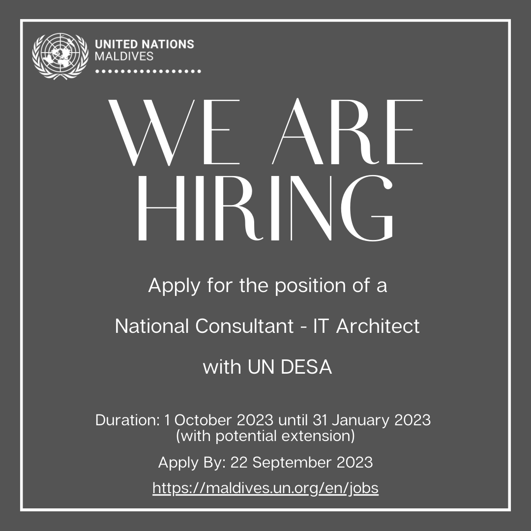 We are hiring!      

National Consultant - IT Architect (based in Male, Maldives) with <a href="/UNDESA/">UN DESA</a> 

Apply by: 22 September 2023

More info: careers.un.org/lbw/jobdetail.…