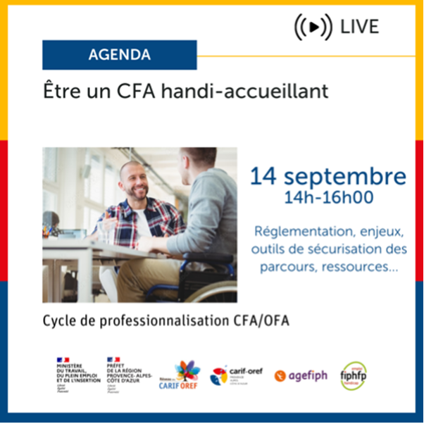 OCAPIAT_PACA's tweet image. 📢 WEBINAIRE NATIONAL : ÊTRE UN CFA HANDI-ACCUEILLANT 
🗓️ 14 sept. 2023, 14h-16h

Découvrez la réglementation, les enjeux, et les outils pour l&apos;inclusivité ! Rejoignez nous. 

Lien vers la classe virtuelle à venir: ➡️shorturl.at/gJRWX🤝