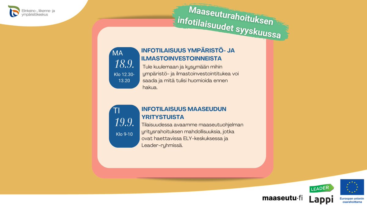 Tervetuloa osallistumaan Lapin maaseuturahoituksen infotilaisuuksiin!

Syyskuussa järjestetään kaksi infotilaisuutta Teamsissa:
🟠Infotilaisuus ympäristö- ja ilmastoinvestoinneista 18.9.
maaseutuverkosto.fi/tapahtumat/inf…
🟠Infotilaisuus maaseudun yritystuista 19.9.
maaseutuverkosto.fi/tapahtumat/inf…