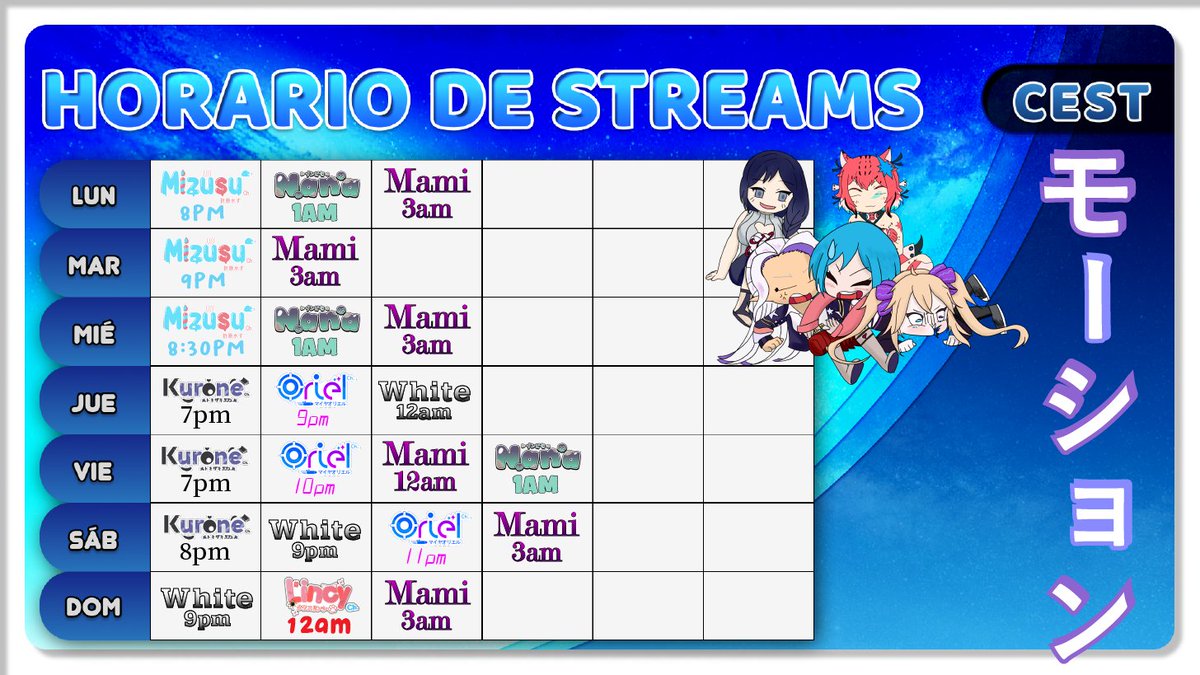 Nicolas_Manager's tweet photo. Horario de Streams del Lunes 11 al Domingo 17 de Septiembre! 🐾🪶🐍🎀💙
Zona horaria CEST 🇪🇸
#MoshonAcademy #Oriones #Koraki #Serpentinas #Pingus #Lonchecitos https://t.co/ClXZ5lww3h