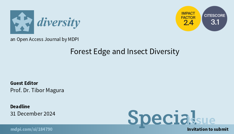 DiversityMDPI's tweet photo. ๐#DiversityMDPI๐Open for Submissions๐ข
๐น New Special Issue: #Forest Edge and #Insect Diversity
๐จโ๐ฌ Guest Editors: Tibor Magura
๐https://t.co/kDRffImAY0
๐ก#ForestEdge #InsectDiversity https://t.co/s5vfdQ7ipZ