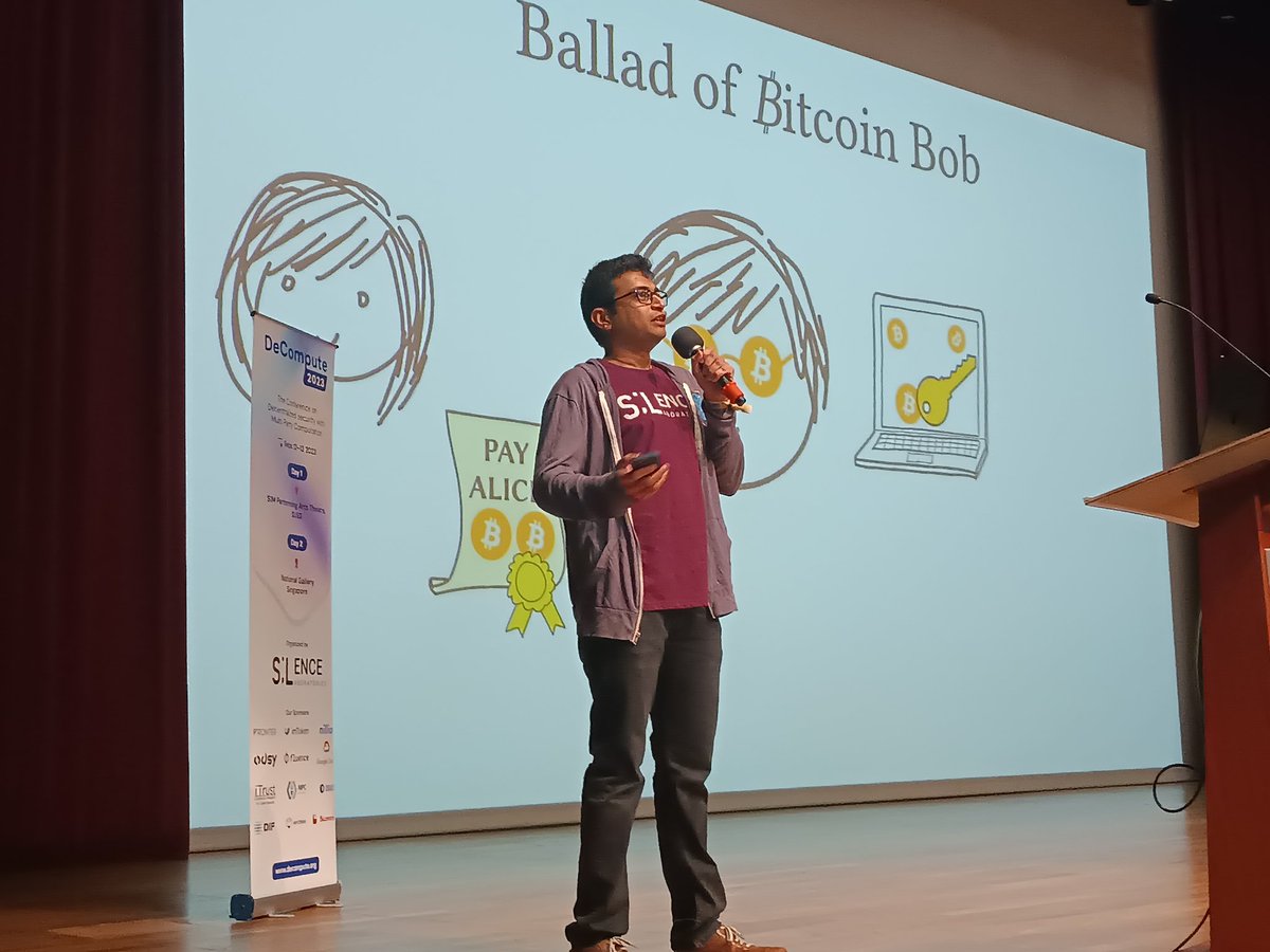 The illustrious @YKondi narrating the Ballad of #Bitcoin Bob as part of his talk on 'DKLs Series of Protocols', repping @silentauth 

#Computation #Singapore