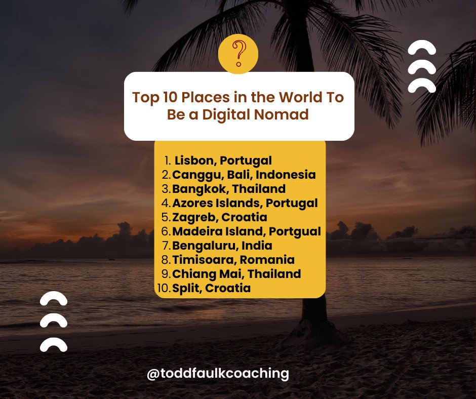 Top 10 Places in the World To Be a Digital.
#digitalnomad#freedom
#successcoaching
#passionandpurpose
#financialfreedom
#freedomcoach
#ToddFaulkCoachingc