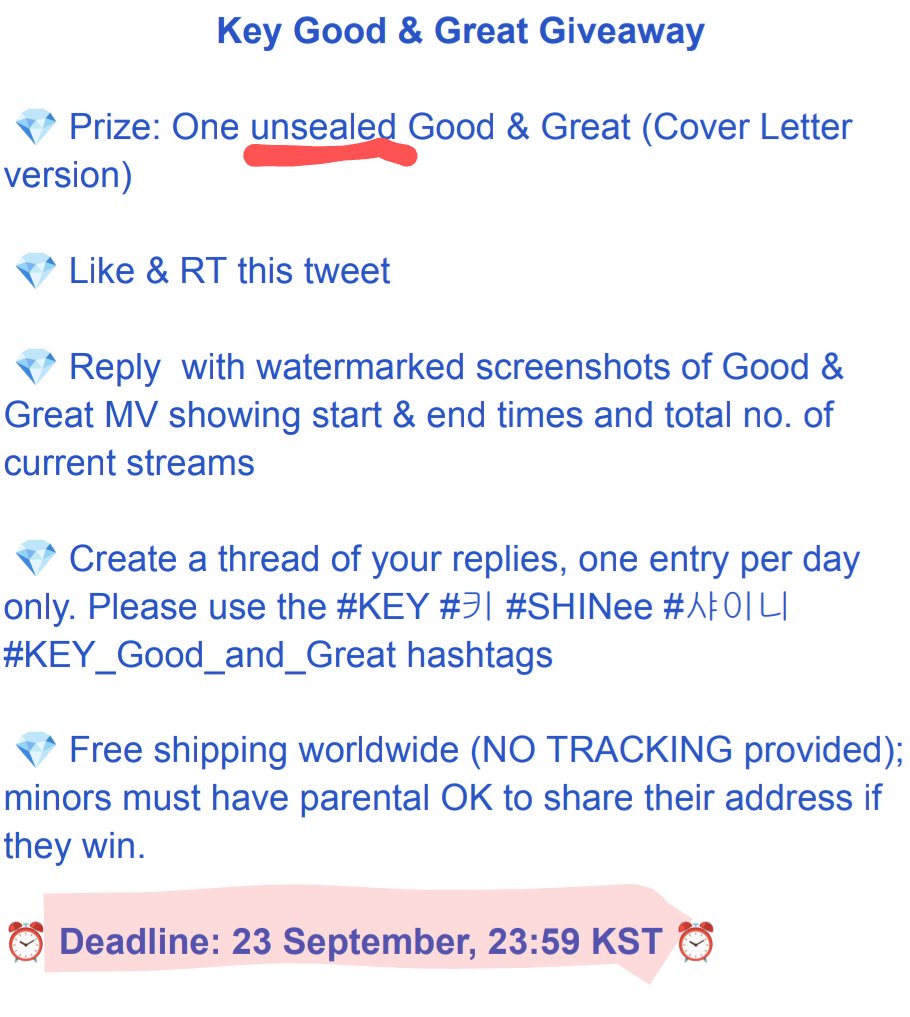 WeatherwaxVimes's tweet photo. #KEY_Good_and_Great Giveaway
💎 Prize: One unsealed Cover Letter version *
💎 Like & RT this tweet
💎 Reply with proof of Good & Great MV streaming *
💎 Free shipping worldwide *
⏰ Deadline: 23 September, 23:59 KST
* See pics for details
#SHINee_KEY_COMEBACK https://t.co/dYj50SlQmC