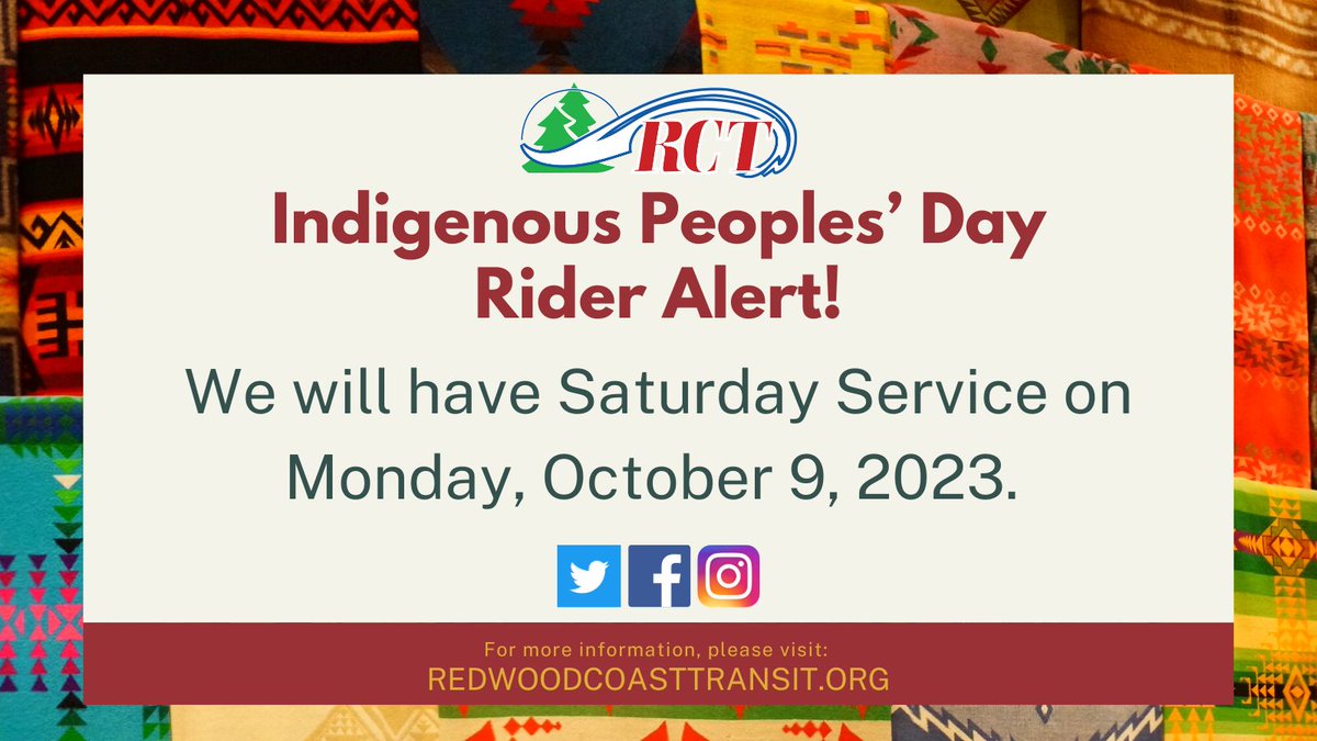 Rider Alert! We will have Saturday Service on Monday, October 9, 2023. @DelNorteCounty
