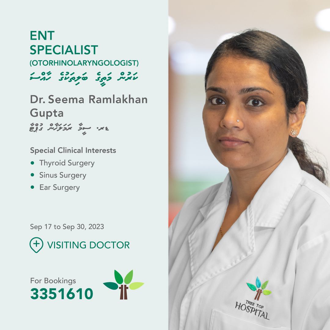 treetophospital's tweet photo. Dr. Seema Ramlakhan Gupta, Visiting ENT Specialist
Dr. Seema will be consulting from Sep 17 to 30, 2023
For appointments, please contact 3351610 or email care@treetophospital.com
Learn more about Dr. Seema: https://t.co/0eoLUPf2hg
#treetophospital #tth #excellenceinhealthcare https://t.co/I1dWerW2vu